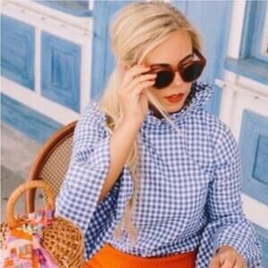 Elizabeth Wilson Katherine Top Womens XXL Blue Gingham Ruffle Preppy Cotton